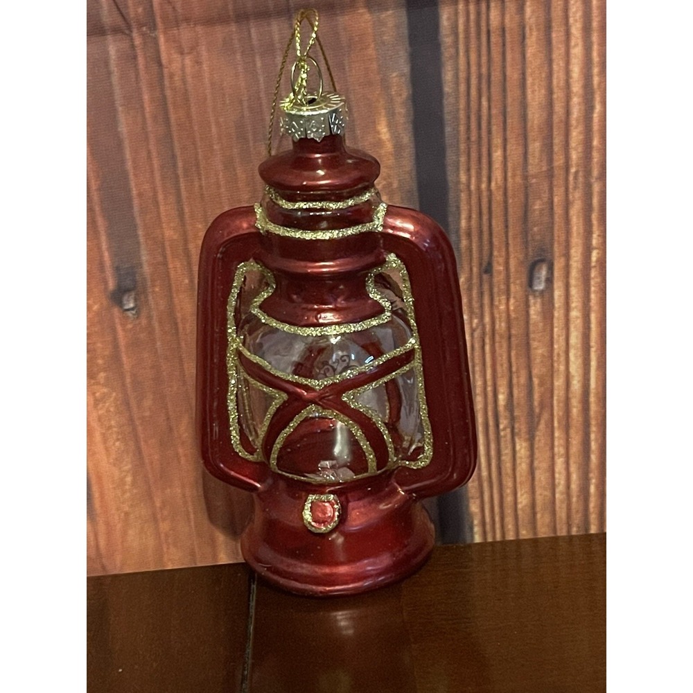 Vintage Oil Lamp Ornament –Blown Glass Lantern Red Christmas Tree Ornament Decor